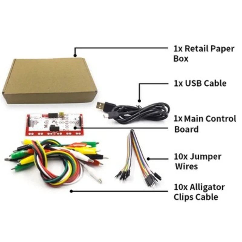 The new version of the Makey Makey motherboard is compatible with the motherboard, and a full set of data cables is available im