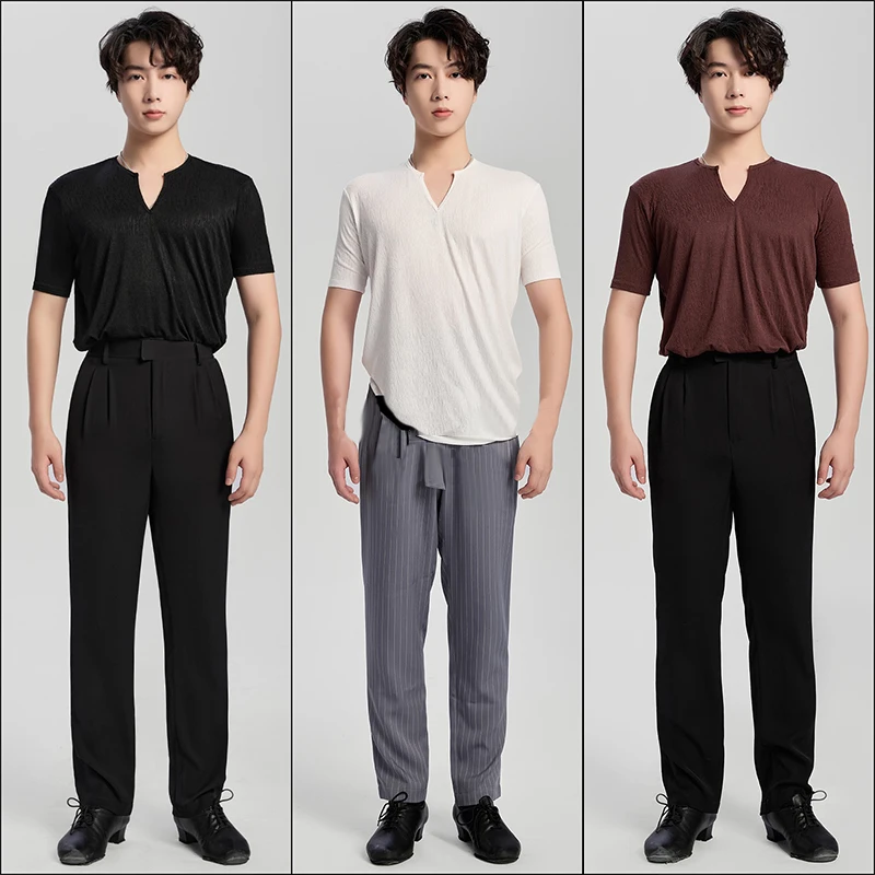 

2025 New Latin Dance Shirt Male Ballroom Training Clothes Adult Short Sleeves Dancing Tops Tango Samba Stage Costume VBH1745