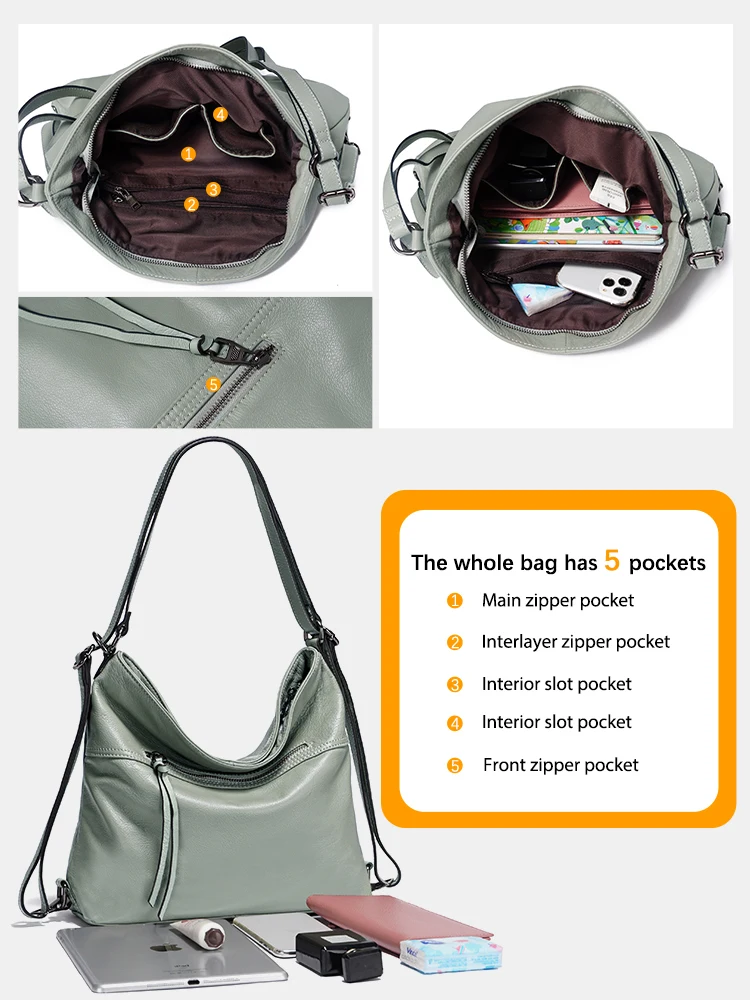 Zency Fashion Women Shoulder Bag 100% Genuine Leather Large Capacity Designer Handbag Hobo Bag Backpack Transformer Bag Sac Main