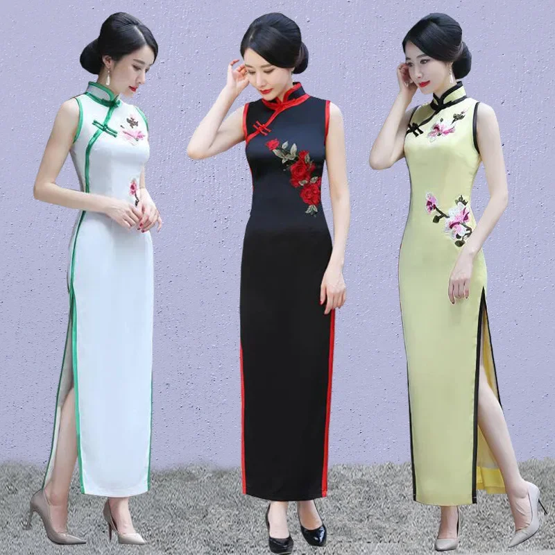 

Красное вечернее платье Cheongsam в китайском стиле, 2025, женское длинное атласное вечернее платье Ципао в стиле ретро с воротником-стойкой и драконом