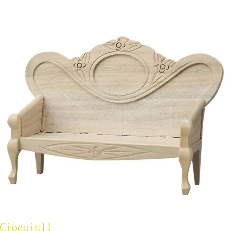ドールハウス用のY1UBミニチュアウッドソファ椅子装飾レトロスタイル1/12スケールクラフトモデル愛好家のための未塗装の椅子
