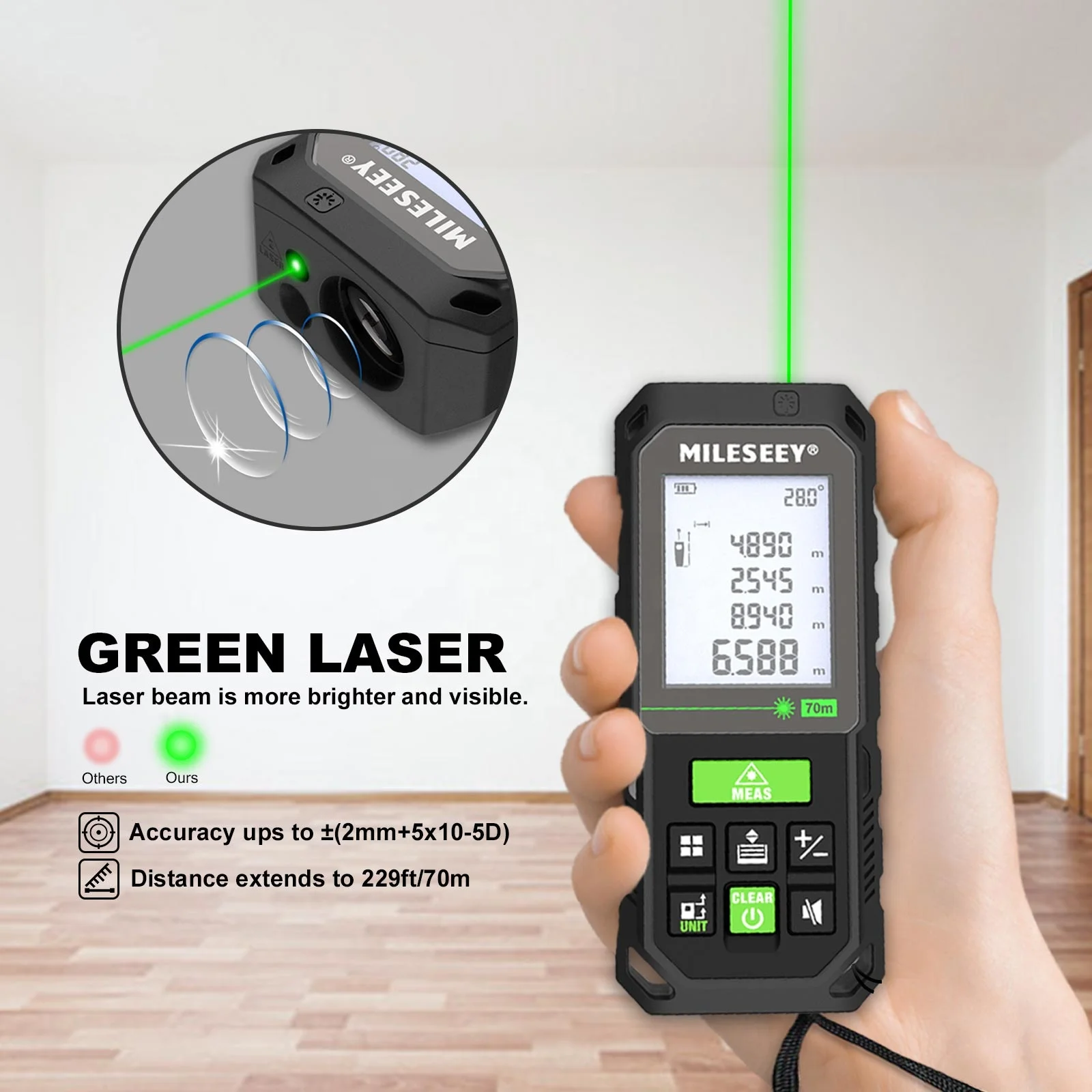 Mileseey S8G 100m Rechargeable Battery Green distance meter distance measure