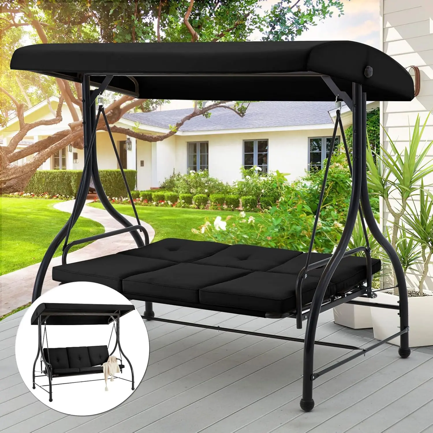 3 Seat Outdoor Patio Swing Chair Converting Swing Glider Canopy Hammock Adjustable Backrest and Canopy Removable Cushions