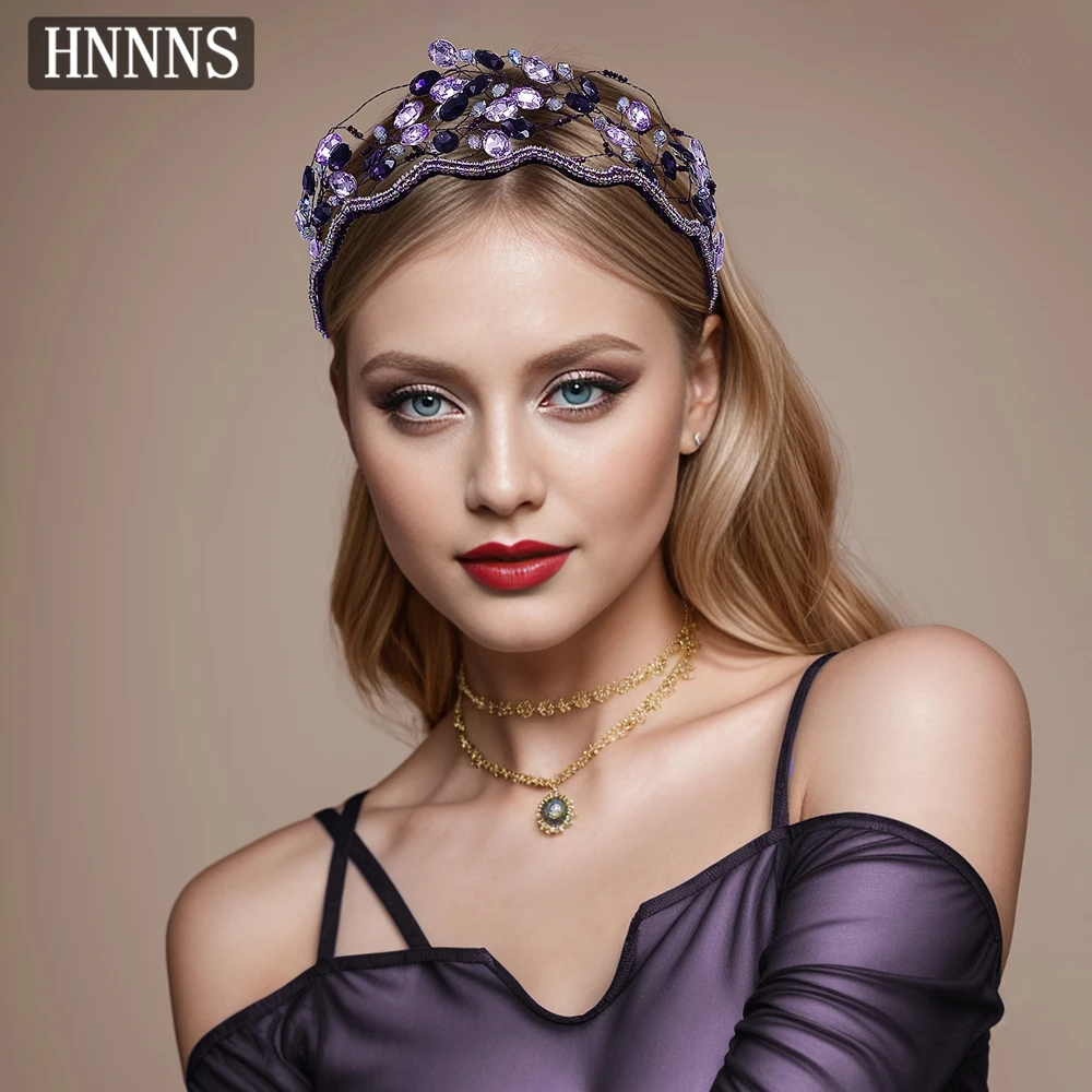 

HNNNS Wedding Dress Hair Accessories Purple Rhinestone Leaves Headband Wavy Elegant Headdress Prom Banquet Party Headpiece A82