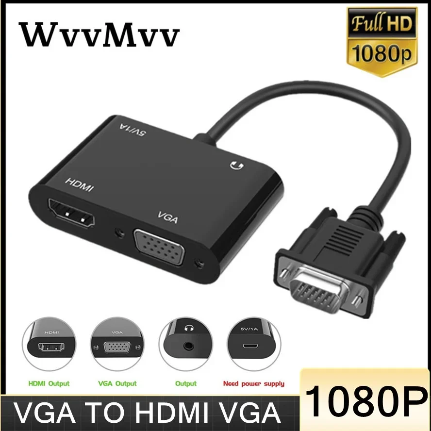 VGA to HDMI-compatible VGA Adapter Splitter With 3.5Mm Video Audio Converter Support Dual Display For PC Projector TV Multi-Port