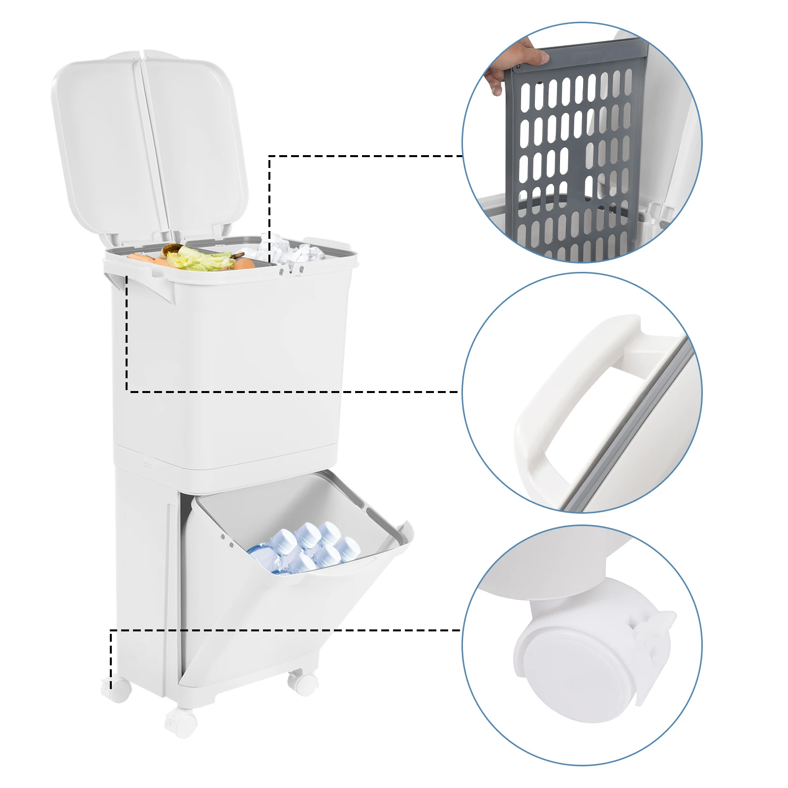Weißer 45-Liter-Mülleimer aus PP, klassifiziert, Küchen-Mülleimer, Sortier-Mülleimer, vertikaler Mülleimer für Küchen, Schlafzimmer, Badezimmer – Detail 10