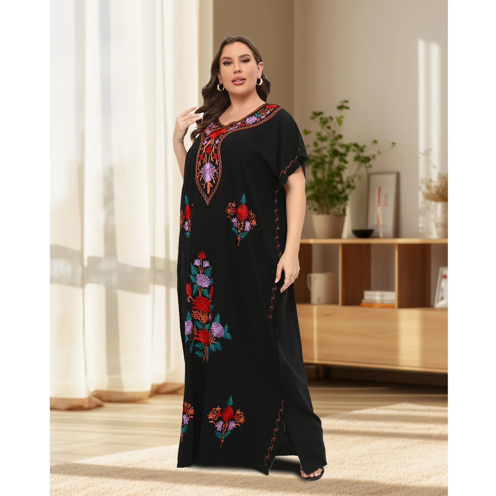 New African Plus Size Moroccan 100% Cotton Abaya O-neck Jilbab Short Sleeve Loose Style Dashiki Kaftan Traditional Lady Dresses