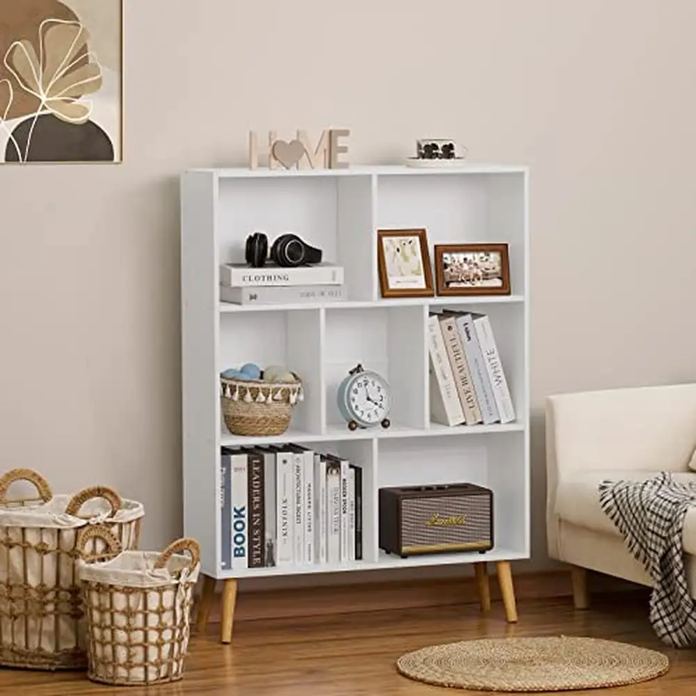 Moderne 3 Tier Witte Boekenplank Display Organizer Kubus Opslag Planken Duurzaam Houten Boekenkast Slaapkamer Studeerkamer, Schuine Houten Poten