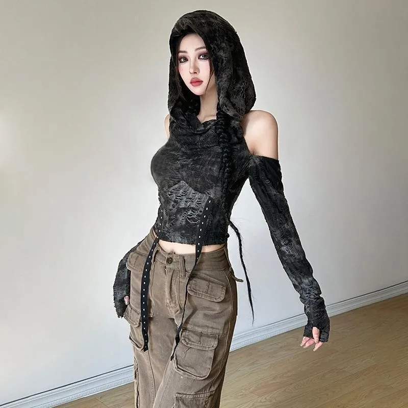 Immagine 3: Top Strappato a Maniche Lunghe, Vestibilità Slim, Fresco e Delizioso, con Cappuccio, T-Shirt Sexy, Pullover, Maglietta Corta per Donne