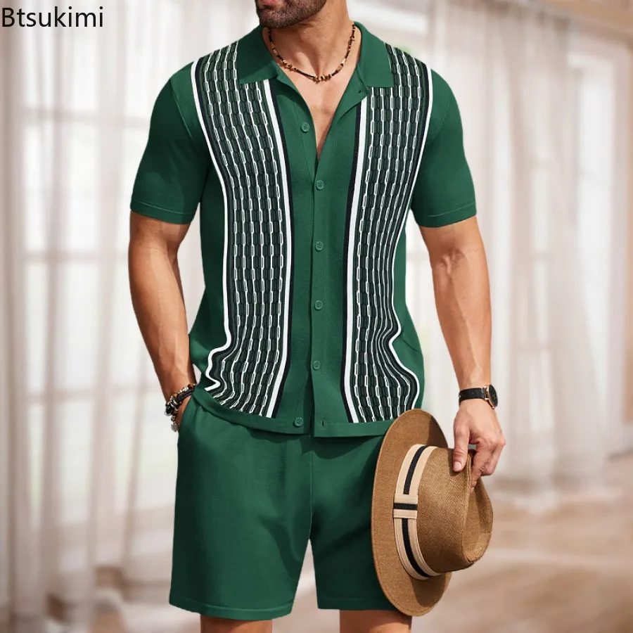 Camisa polo e shorts de seda gelo masculina, conjunto jacquard de 2 peças tricotado, roupa casual para negócios, verão, novidade, 2022