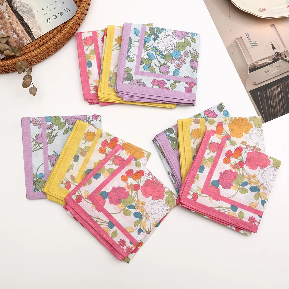 12Pcs Hot Sale 43cm Women's Cotton Handkerchief Single-Sided Print Vintage Thin Cotton Wipes Highly Absorbent Sweat Towels