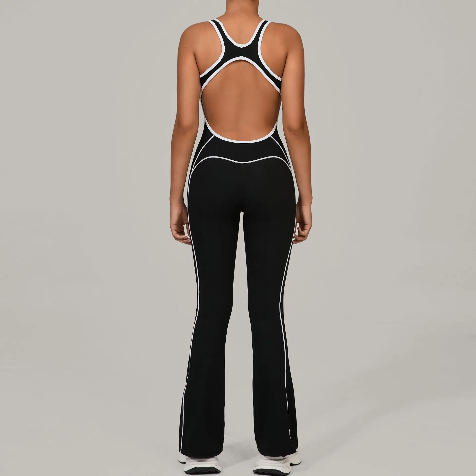 

Fashion Patchwork Casual Sport Flare Jumpsuit Women Sportswear Sleeveless Sexy Hollow Gym Fitness Overalls Bodycon Yoga Playsuit