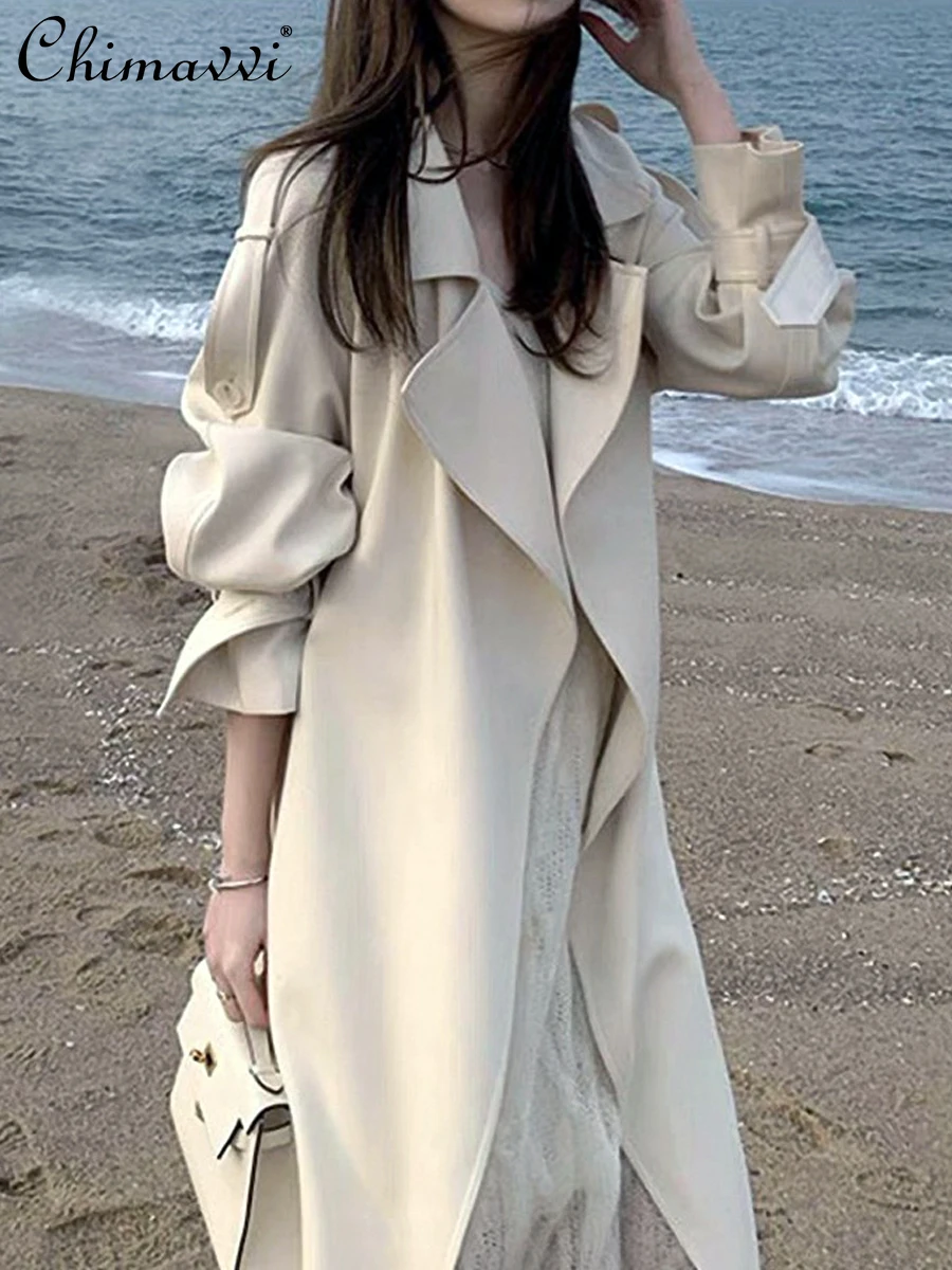 

Beige Windbreaker Coat for Women 2023 Autumn New Korean Fashion Mid-Length Coat Loose Elegant All-Matching Women's Trench Coat
