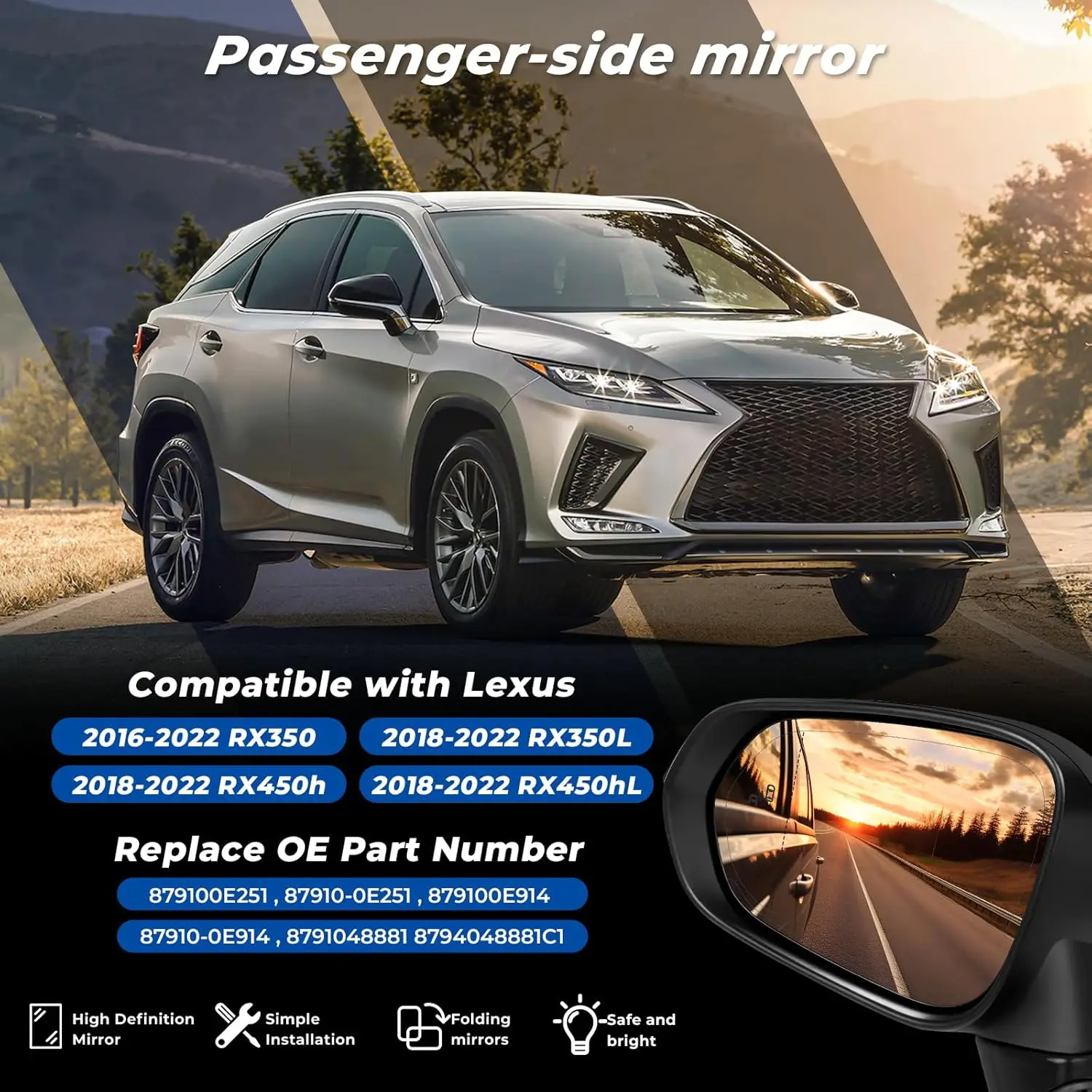 Left Car Rearview Mirror For Lexus RX350 2016-2022 For RX350L RX450h RX451hL 2018-2022 Power Heated With Blind Spot 87910-0E914