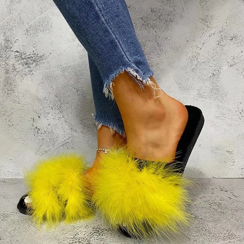 

2024 Faux Fur Slippers Women Soft Home Furry Fluffy Sandals Female Casual Flops Slides Winter Warm Flat Shoes