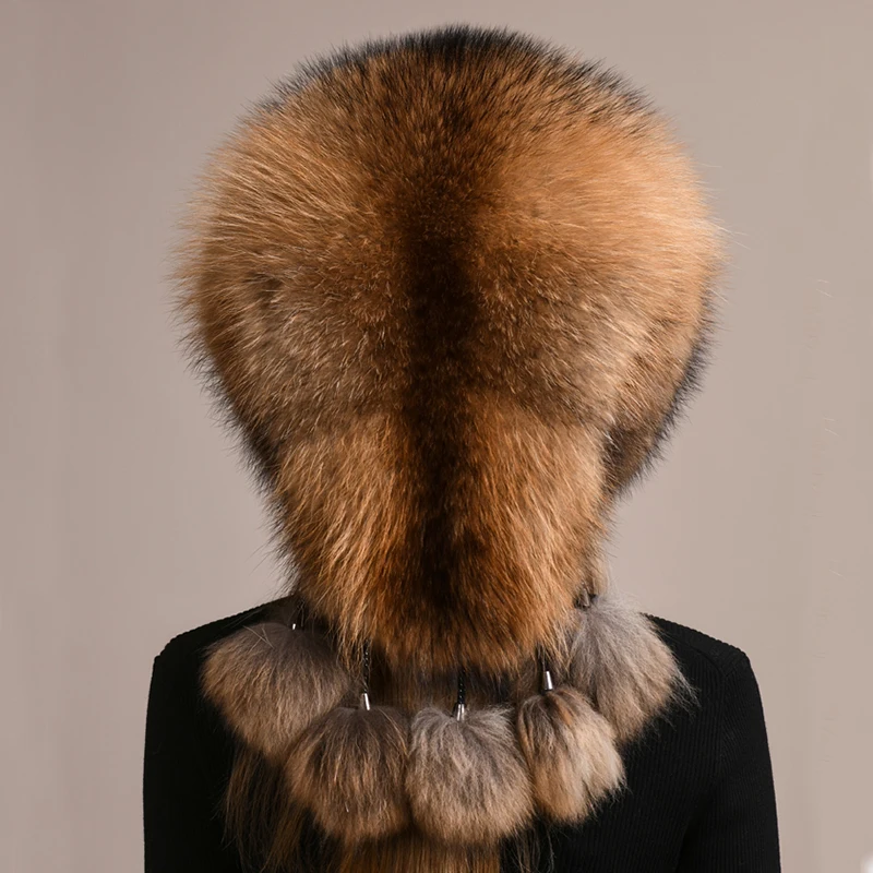 Winter Warm Women Russian Raccoon Royal Fur Caps Fox fur Hat Dome Mongolian Hat Fur Hat Luxury Lady Natural Fox Fur Bomber Hat