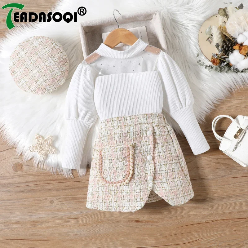 Kids Girls Clothing Set Mesh Splice Puffed Sleeves Top+Irregular Short Skirt+Hat 3Pcs Suit Children Baby Girl Clothes 2-8Y