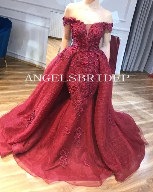 

Angelsbridep Chic Burgundy Mermaid Evening Dresses Detachable Train Dubai Off-Shoulder Formal Party Dress Vestido De Noche