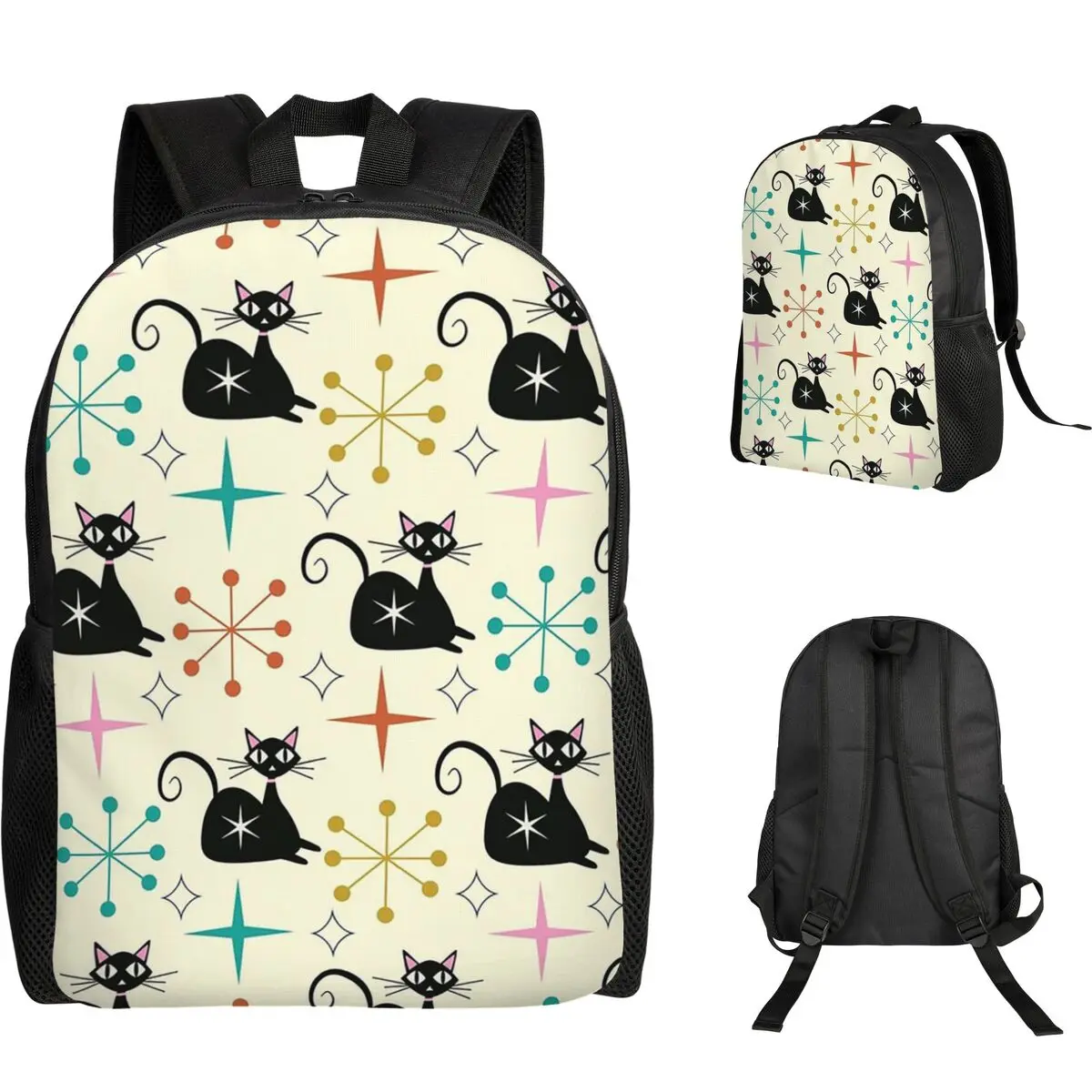 Mid Century Black Atomic Cat With Starbursts Student Backpack School Bag Hiking Travel Daypack Fashion Bookbag Shoulder Bags