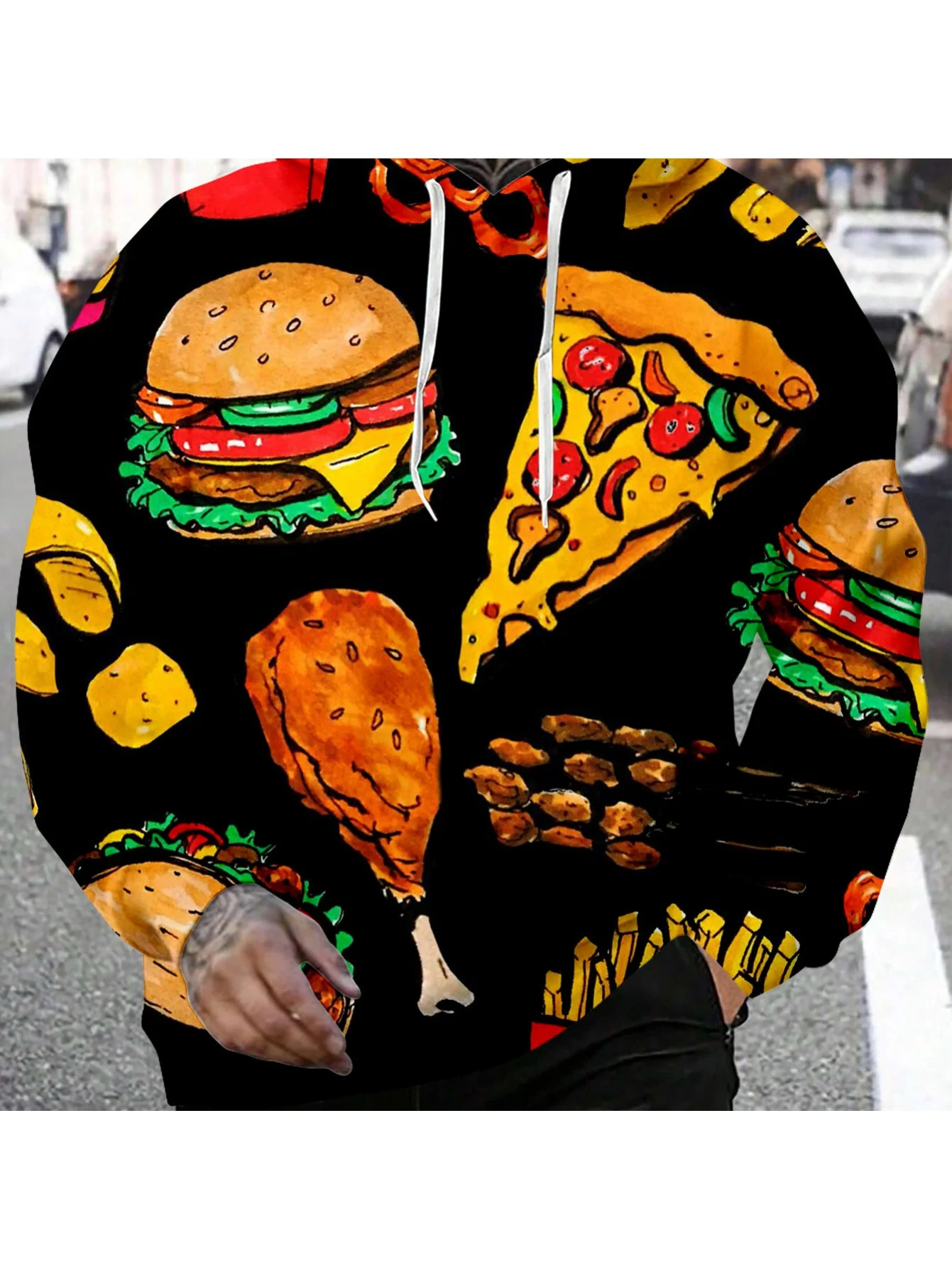 Unisex Fast-Food-Hoodie mit Burger-, Pizza-, Pommes- und Hähnchen-Print, schwarze Basis, langärmelig, lässiger Streetwear-Pullover – Detail 6