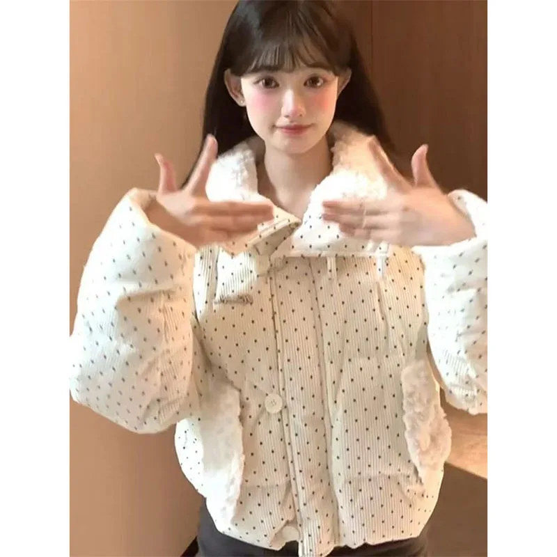 

2025 женское модное пуховое хлопковое пальто в горошек, зимнее женское свободное верхняя одежда с хлопковой подкладкой, корейская женская куртка-пуховик с длинными рукавами