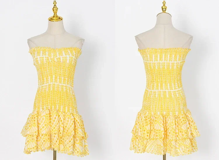 Abito sexy in pizzo giallo da donna ricamo estivo scava fuori Vestido vintage da donna senza spalline eleganti abiti da strada