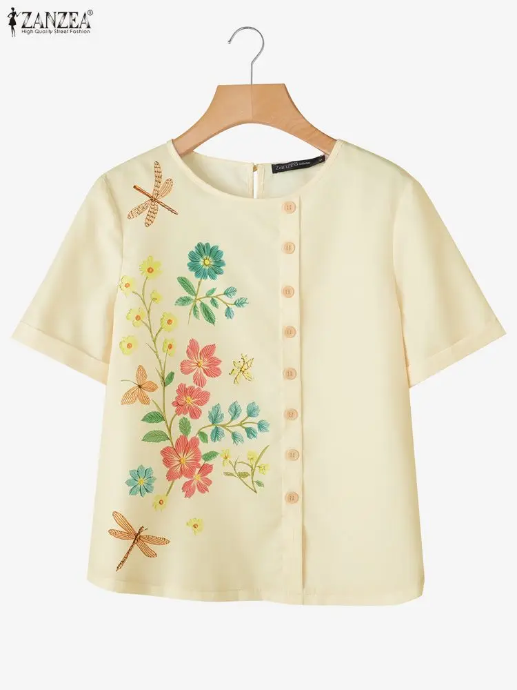 เสื้อผู้หญิง ZANZEA ลายดอกไม้ สำหรับฤดูร้อน สไตล์วินเทจ เหมาะสำหรับใส่ทำงานหรือใส่ลำลอง คอทรงโอ แขนสั้น ติดกระดุม ทรงหลวม