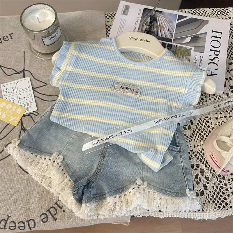 

2025New Summer Girls' Flying Sleeve Striped Sleeveless Vest+Western Style Tassel Denim Shorts Two-Piece Suit