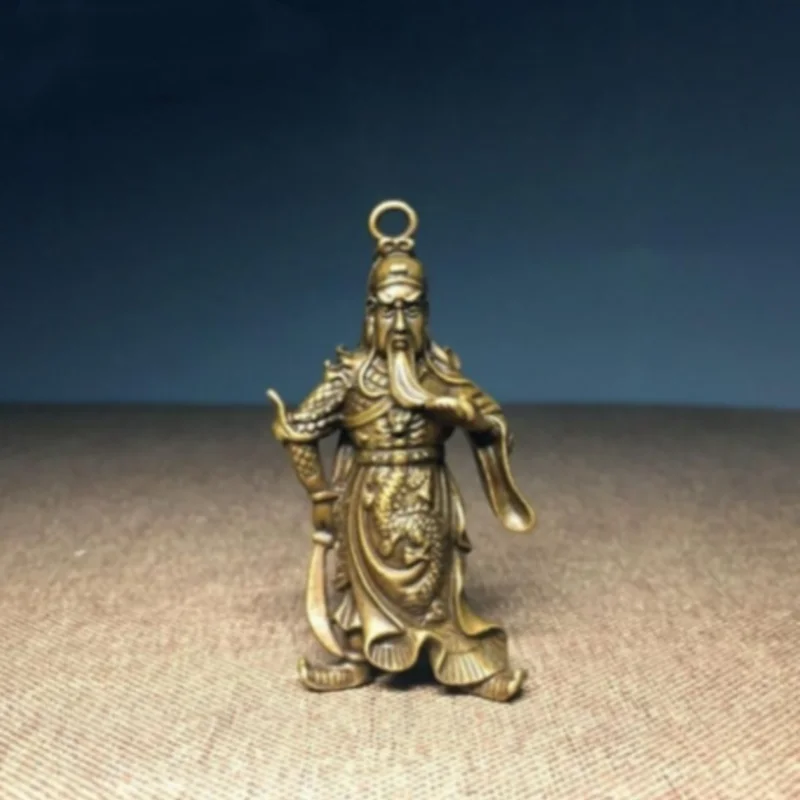 Antique Pure Copper Guan Gong Figurine Keychain - Martial God of Wealth Car Key Bag Accessory and Oriental Art Collectible Gift