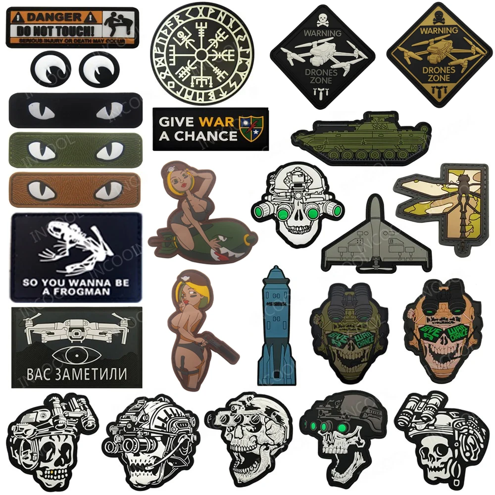 3D PVC Rubber Cat Eyes Duck Dragonfly Animal Patch Dead Skull Sniper Odin Viking Luminous Tank Warning Girl Peace Chevron Badges