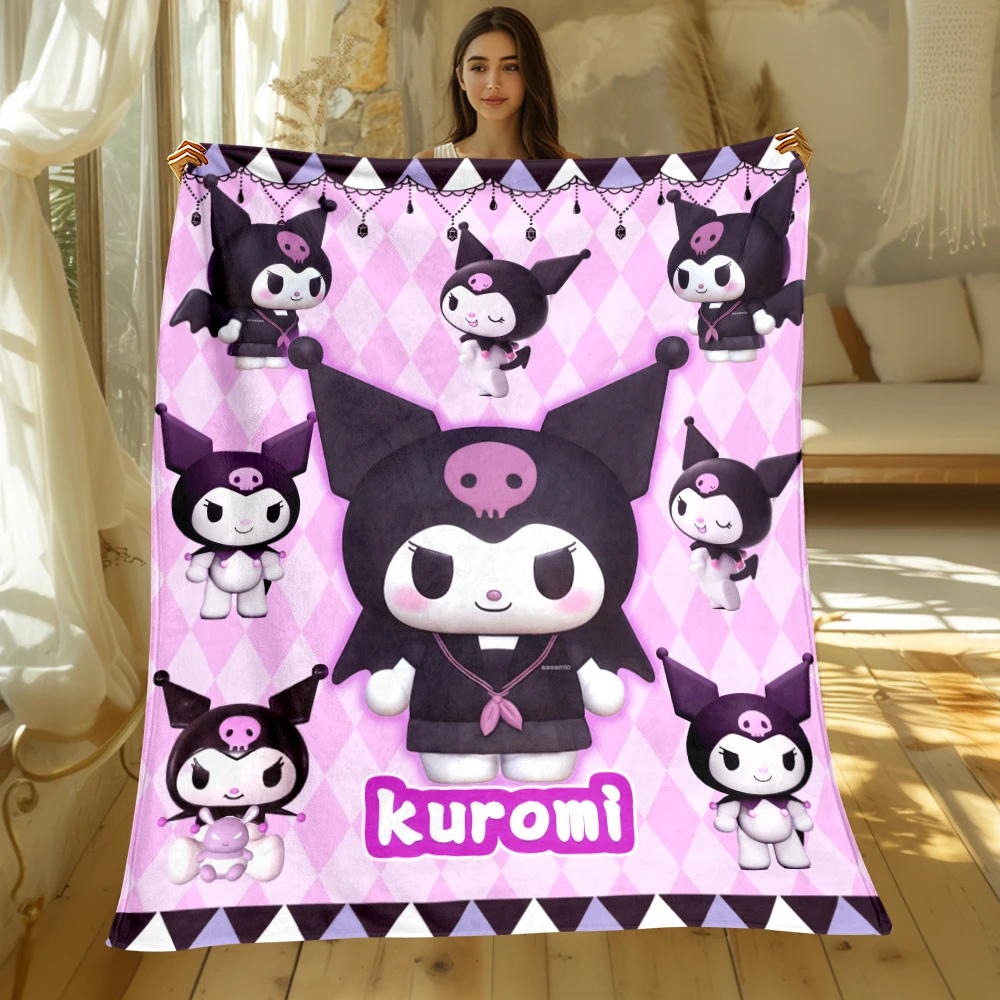 MINISO&Sanrio Kuromi Cartoon HD Printed Flannel Throw Camping Blankets for Children Sofa Throw Thin Blanket Modern Fashion Gift