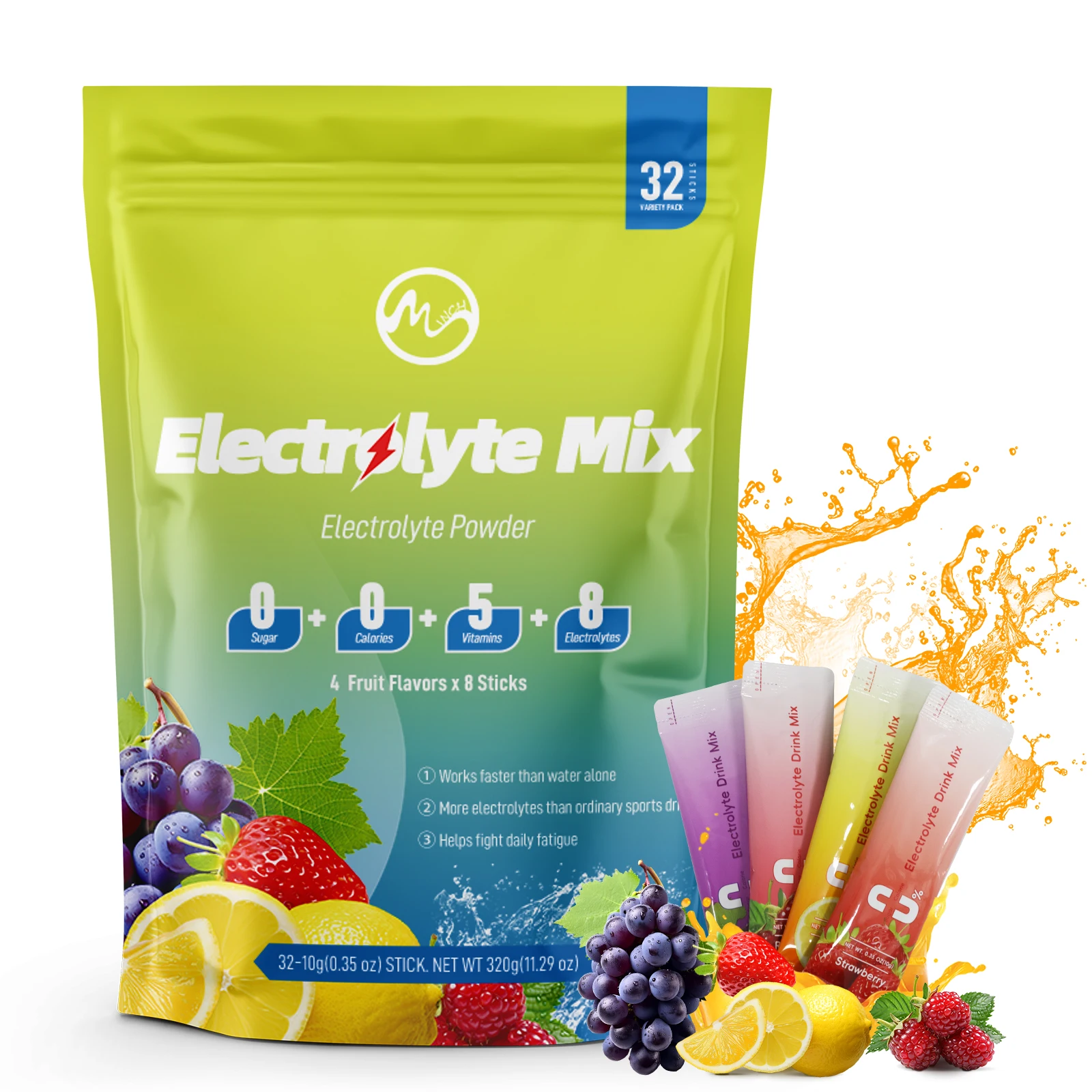 

Electrolyte Mix Powder - 32 Sticks, 4 Fruit Flavors - Zero Sugar, Zero Calories - Hydration & Recovery & Energy