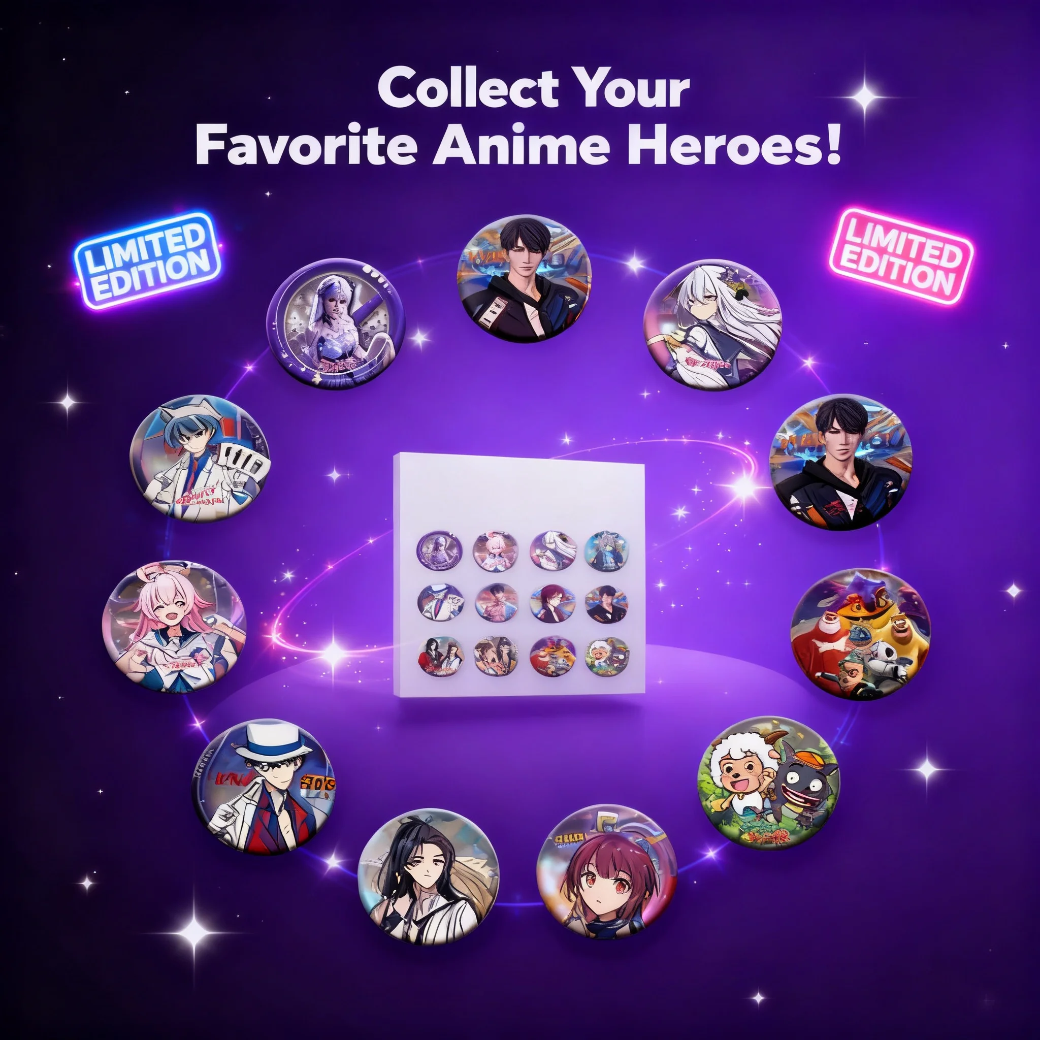 

Factory Direct Supply Blind Box Silver Glitter Badge Pins Anime Merch Double Flash Merchandise Tinplate Star Badges Photo Cards