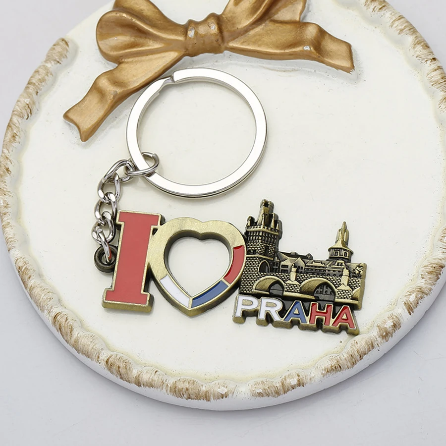 I Love PRAHA Themed Keychain Czech Republic Prague Travel Keyring Alloy Pendant Bag Charm Keychain Gift For Family And Friends