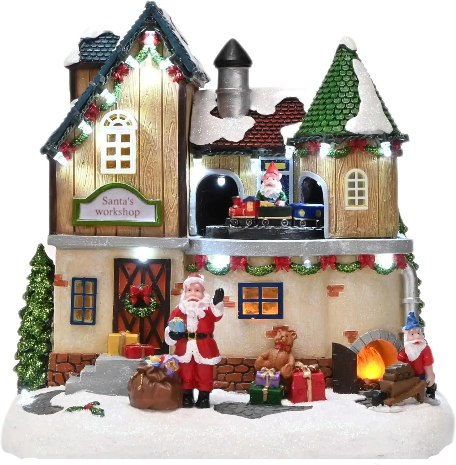 Taller de Papá Noel iluminado con pueblo navideño, estatuilla giratoria con música y luces LED, decoración navideña de 10 pulgadas