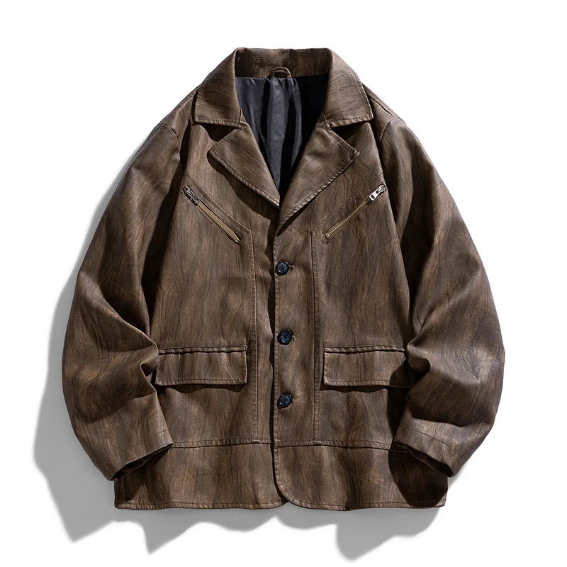 Men's lapel leather jacket autumn oversized slim motorcycle riding suit winter thickened PU leather waterproof work clothes - Image 2