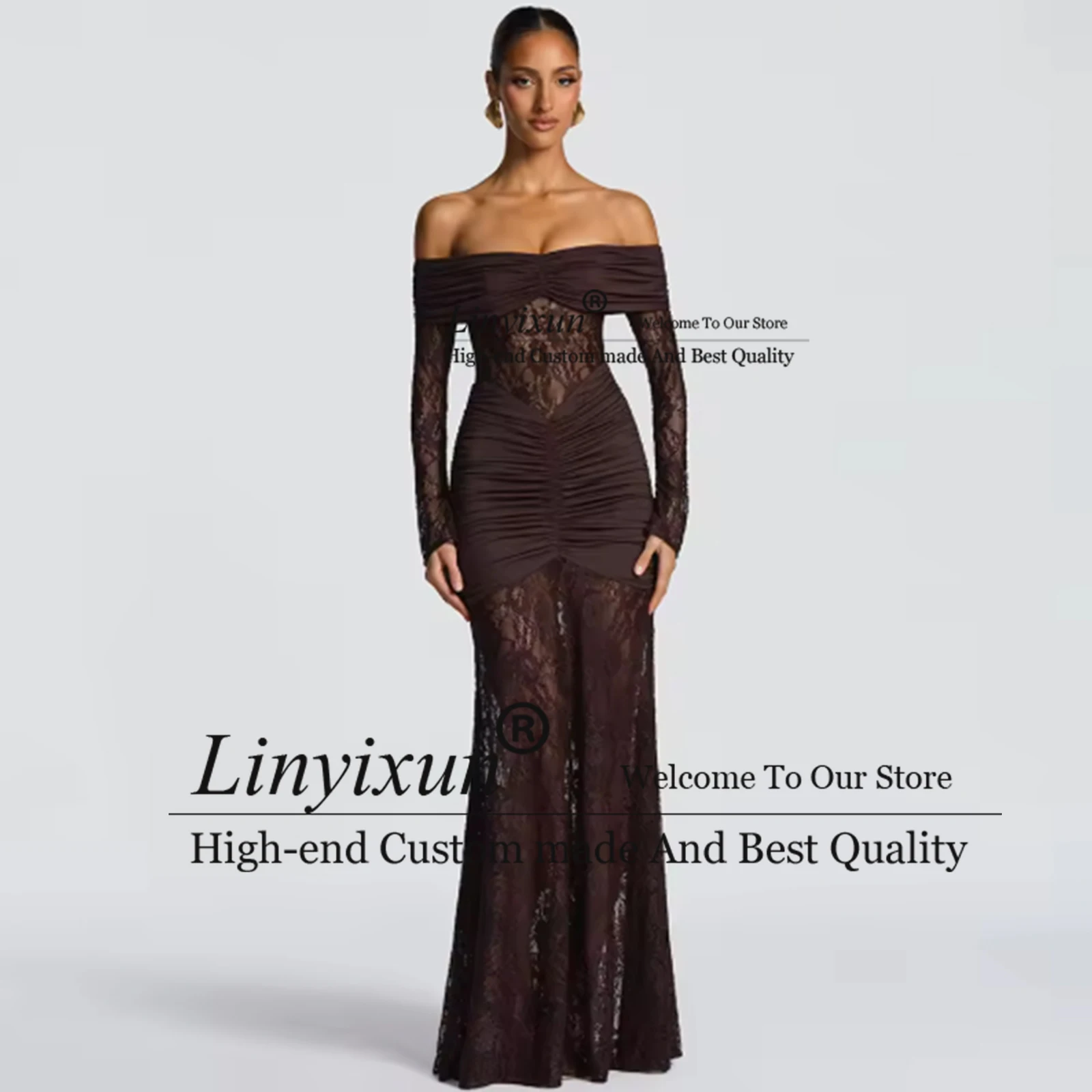 

Sexy Off Shoulder Long Sleeve Sheer Lace Mermaid Prom Dresses Long Wedding Guest Evening Gowns Custmoized vestidos largos fiesta