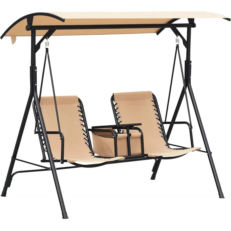 

2-Outdoor Patio Swing Chair with Canopy, Glider Swing with Pivot Storage Table & Cup Holder, Adjustable Shade, Bungee Suspe