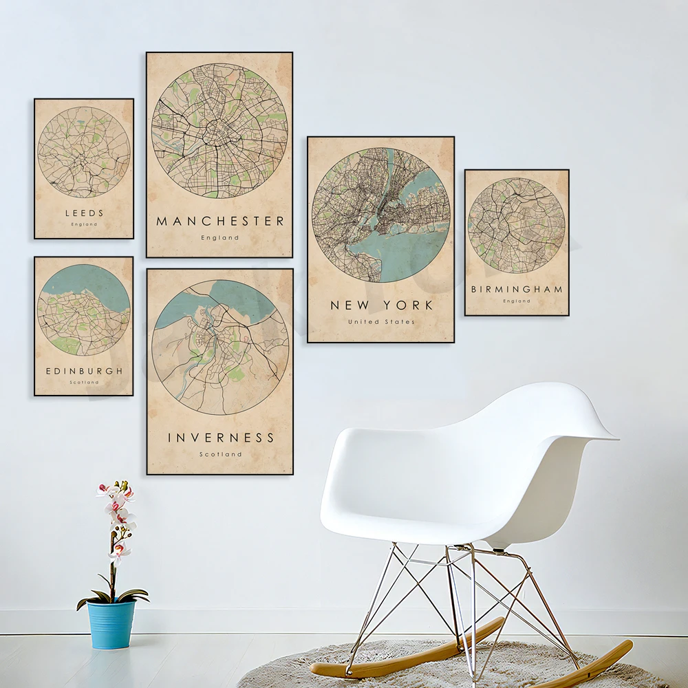 Leeds,Birmingham,Bradford,Glasgow ,Edinburgh ,Liverpool,Manchester,Dublin,New York Map, Minimalist Map