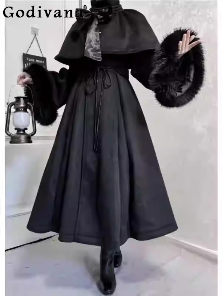 Autumn Winter Japanese Gothic Black Cloak Dark Lolita Elegant Long Sleeve High Waist A-line Coat Temperament Two-piece Sets