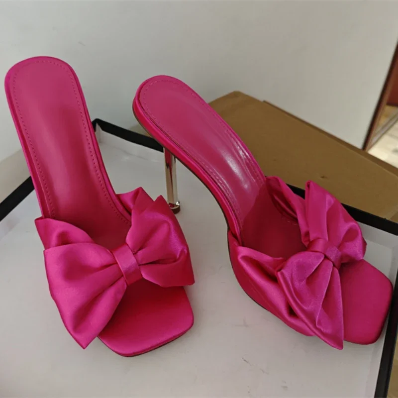 2024 Rose Satin Big Bow Slippers Square Head 11cm Metal Thin Heel Birthday Party Sandals Open Toe Beach Holiday Slippers 35-43