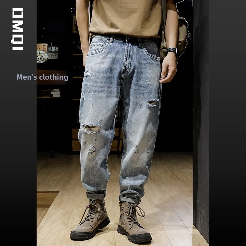 

Fall Heavyweight Waed American Retro Hole Denim Jeans Men Trendy Loose Straight Large Size Fat Pants Pure Cotton Straight Leg