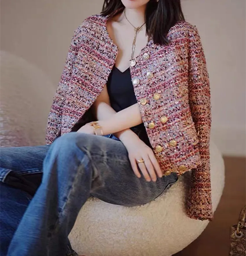 High Quality Design Women Pink Tweed Jacket Coat Small Fragrant Autumn O Neck Double-Breasted Color Woolen Weave Short Outerwer image 2