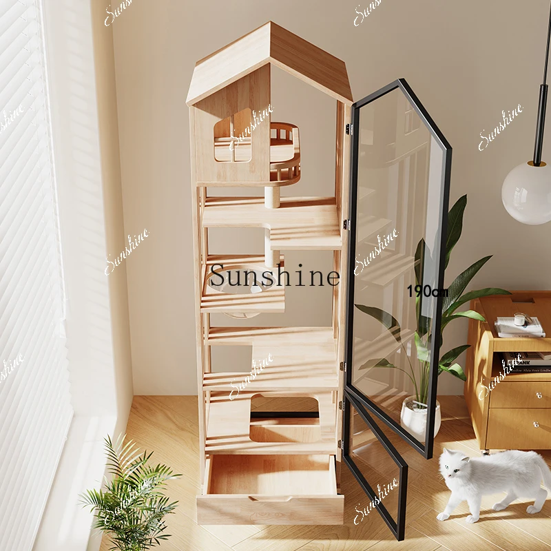 Small apartment cat villa cage door lock solid wood cat litter box in large space FT