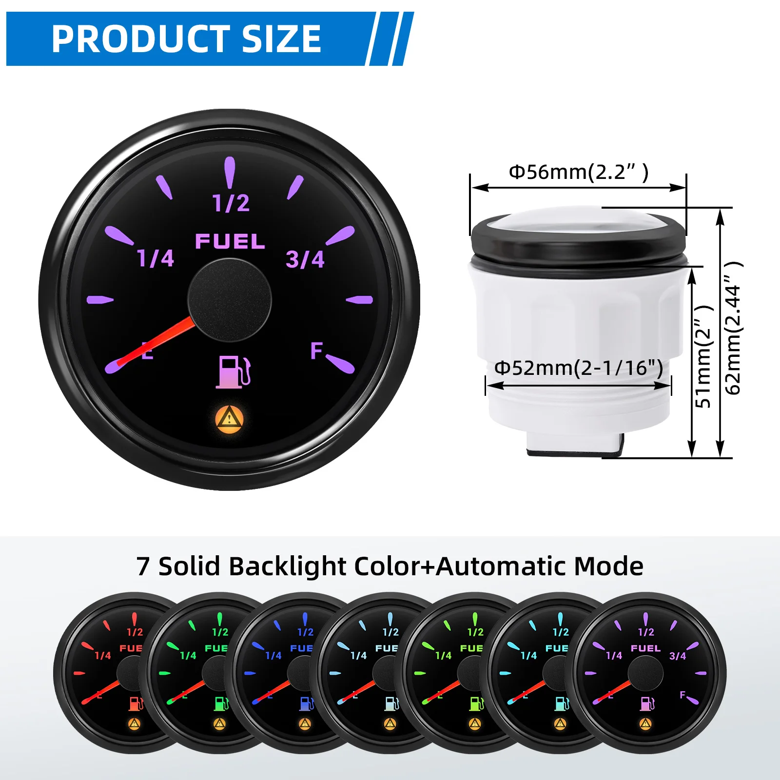 52mm Fuel Level Gauge With Flashing Alarm 0-190ohm 240-33ohm 10-180ohm 0-90ohm Marine Car Oil Tank Gauge Meter 7 Colors LED