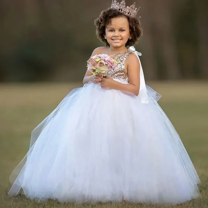 

Flower Girl Dress One Shoulder Sequin Tulle Puffy Baby Girl Birthday Wedding Princess Party First Communion Gown