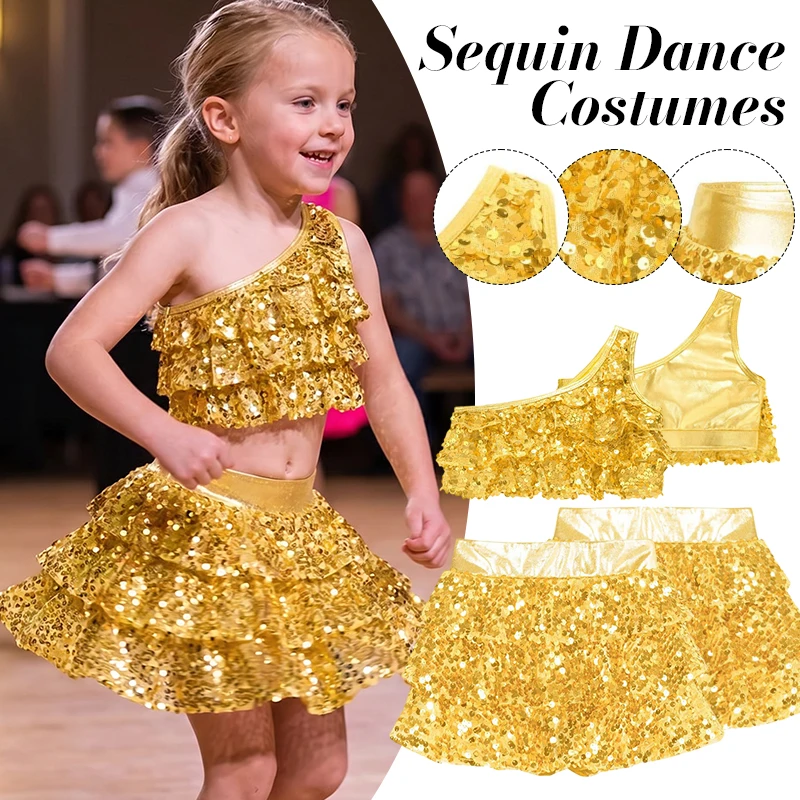 

Girls Jazz Dance Outfit Two Pieces Shiny Sequins Dancewear Sets Kids Metallic Crop Top With Skirts Cheerleading Party Costumes