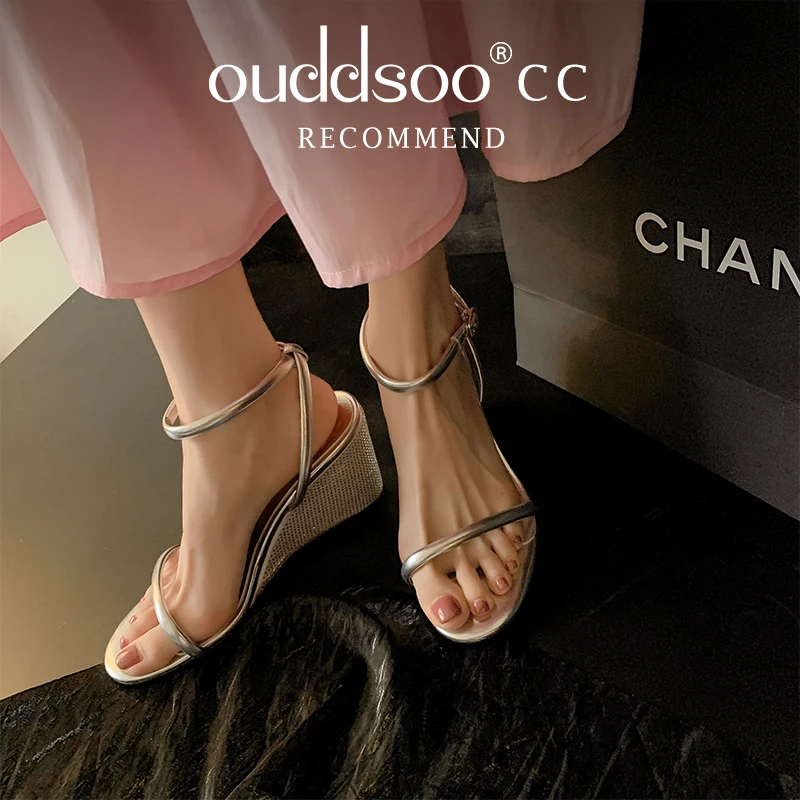 

Ods Wedges Heels Genuine Leather Sandals Sexy Peep Toe Shoes Woman Summer Slip On Slingbacks Silver Slim Belts Sandals Mujer 40