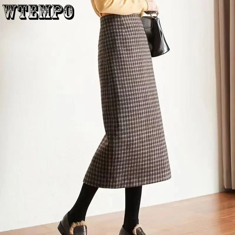 WTEMPO Classic Plaid Midi Skirts Women Autumn Vintage Elegant Office Ladies Behind Slit Designed All-match Harajuku Fashion