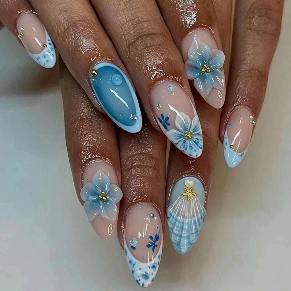 10/30pcs 3D Blue Flower Starfish Press On Nails Medium Almond Full Cover Reusable French Fake Nails Summer Ocean/Beach Fake Nail